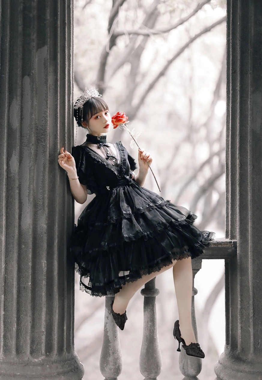 midnight castle gothic lolita dress white and black color comparison side by side
