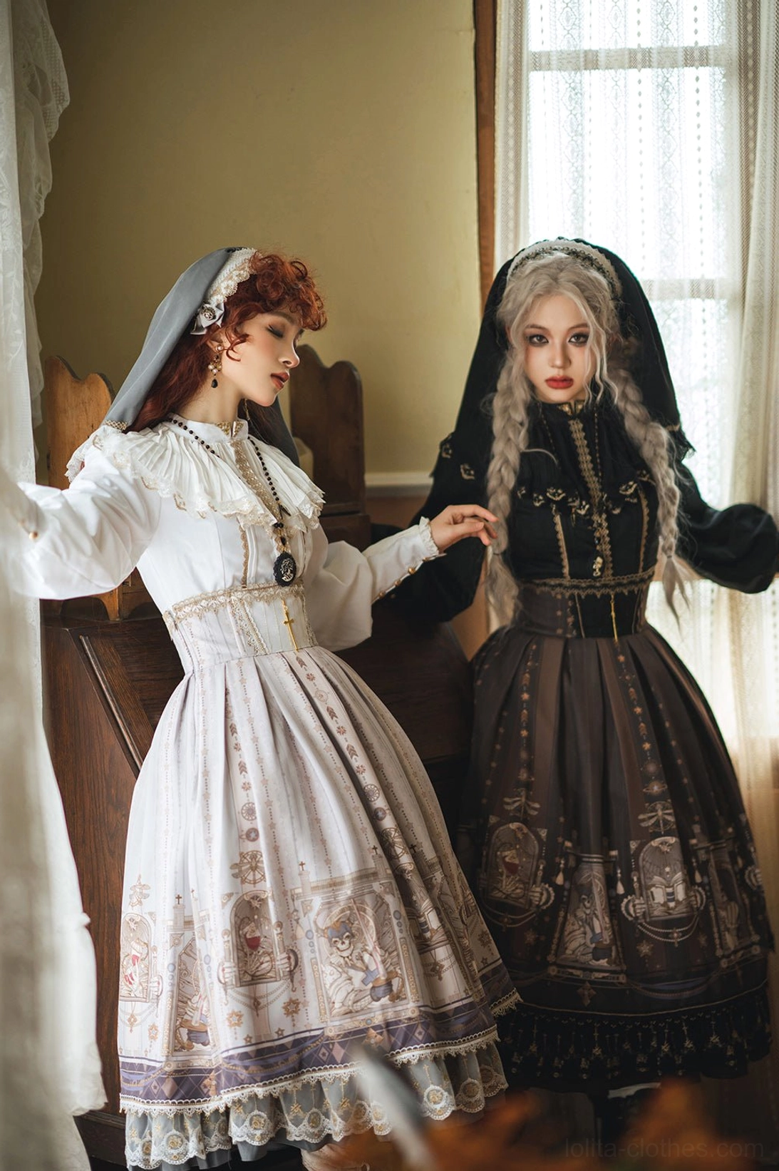 Two styles gothic lolita dresses white high waisted printed dress black dress with tassel skirt hem retro bedroom scene front interaction