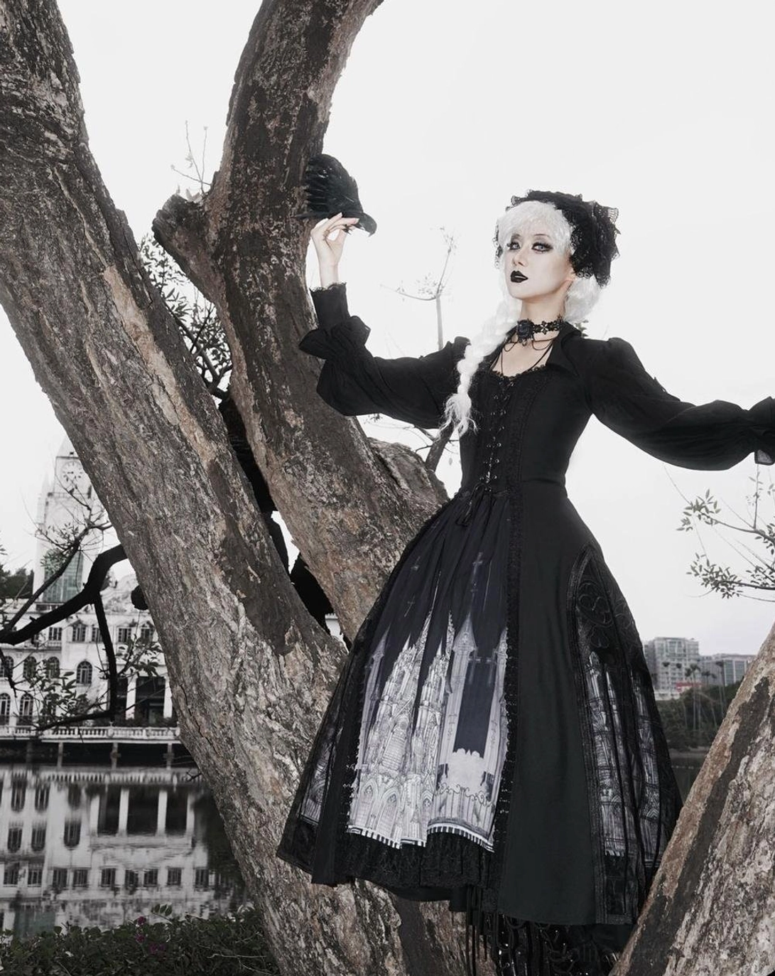 Gothic lolita embroidered coat puffy long sleeves tulle window design bat collar architectural detail showcase