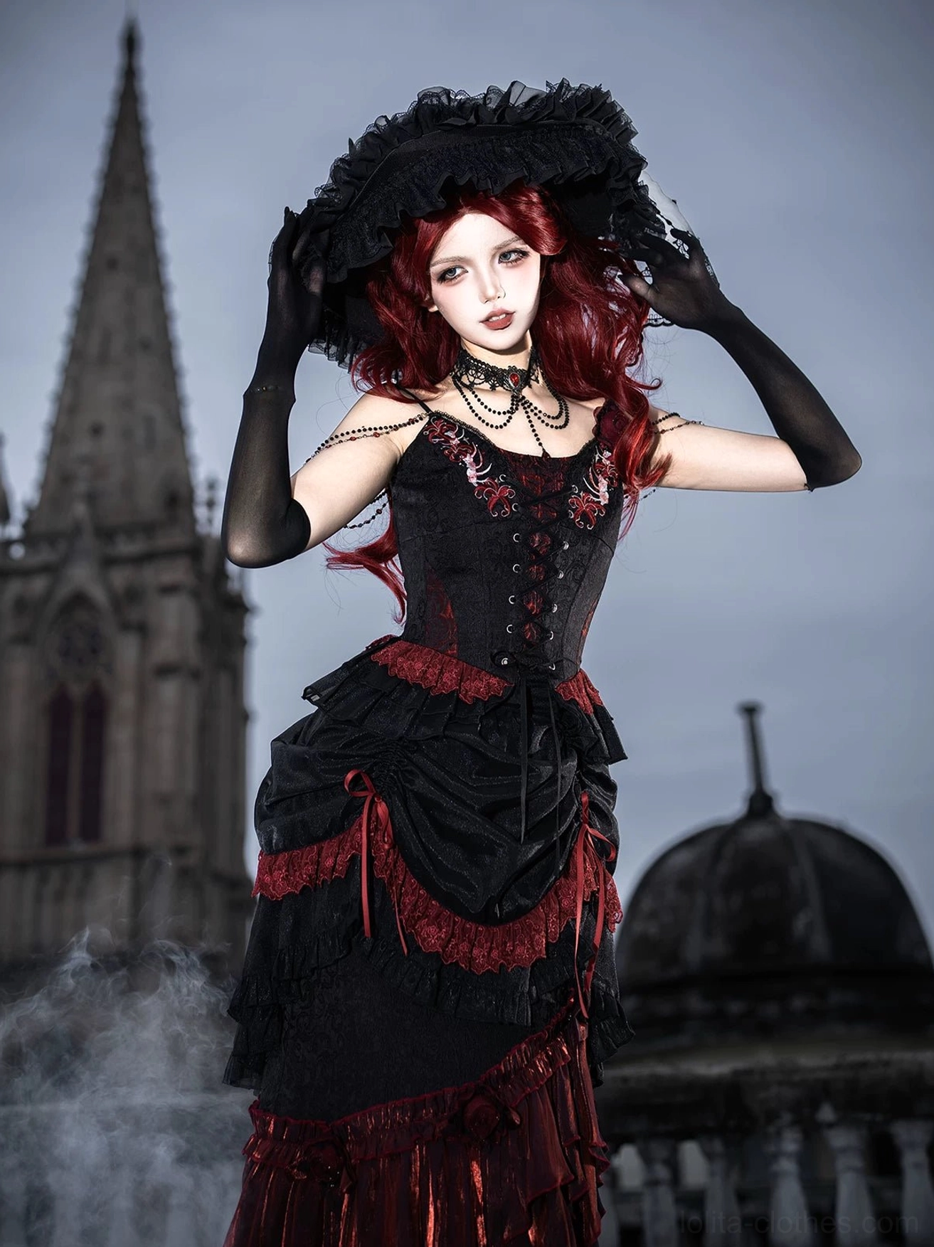 Gothic lolita dress embroidered details close-up red spider lily motif wine red lace trim decoration