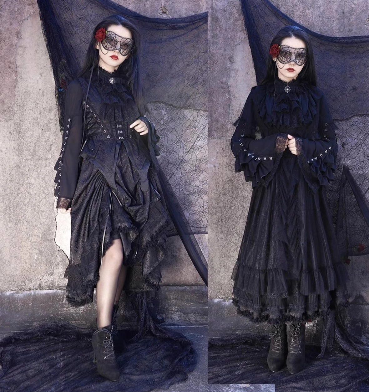 Gothic lolita side profile and front view showing asymmetrical dress hem design, corset waist structure, long bishop sleeves with lace cuffs, black ankle boots, and overall silhouette