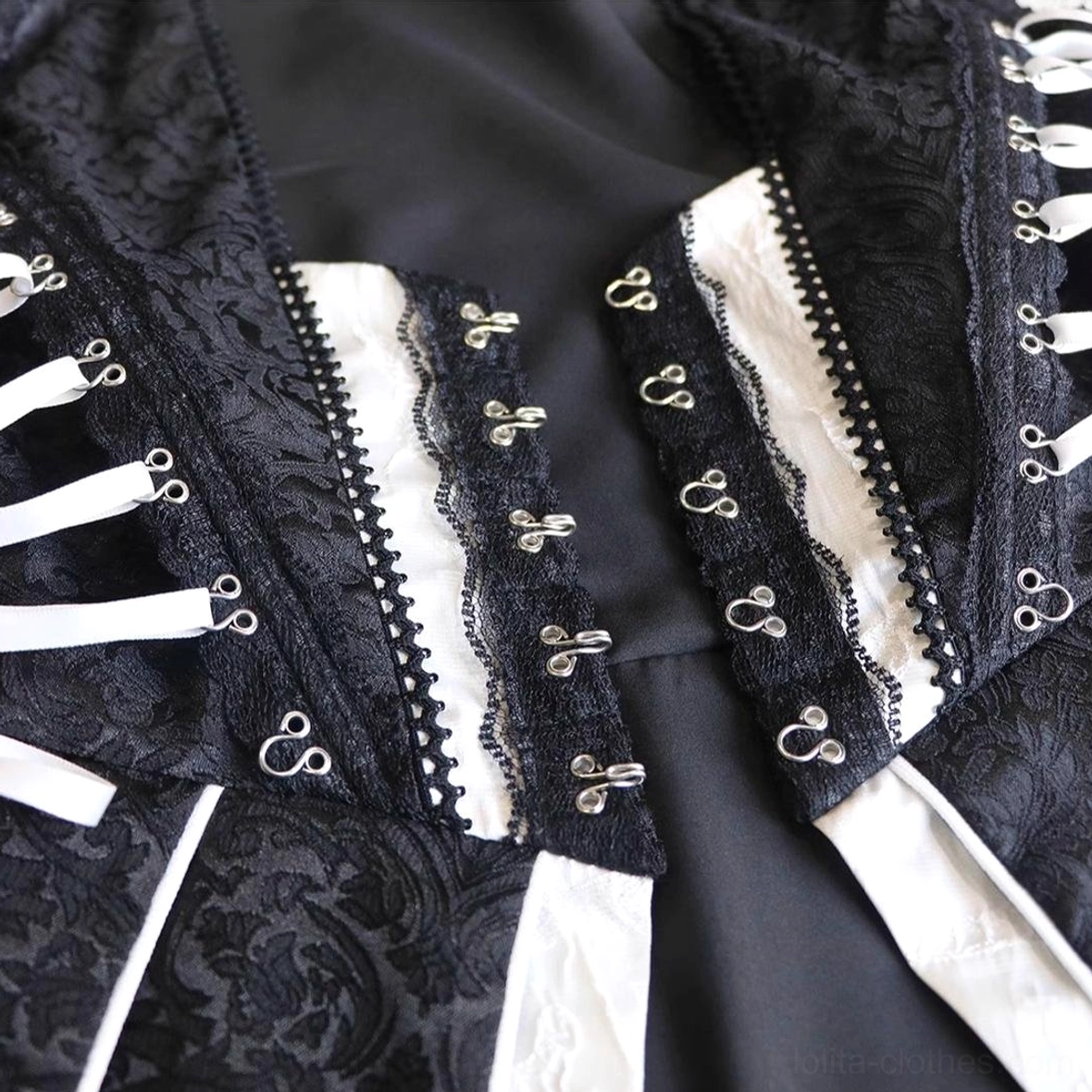 Size comparison guide for gothic lolita ensemble showing scale of proportions across S, M, L vest sizes and short versus long skirt length options for different body types