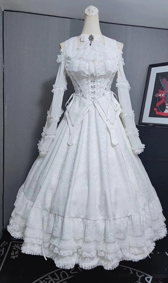 Gothic lolita complete ensemble styling showing vest, blouse, and skirt coordination with harmonious proportions, layered silhouette construction, and unified gothic aesthetic presentation