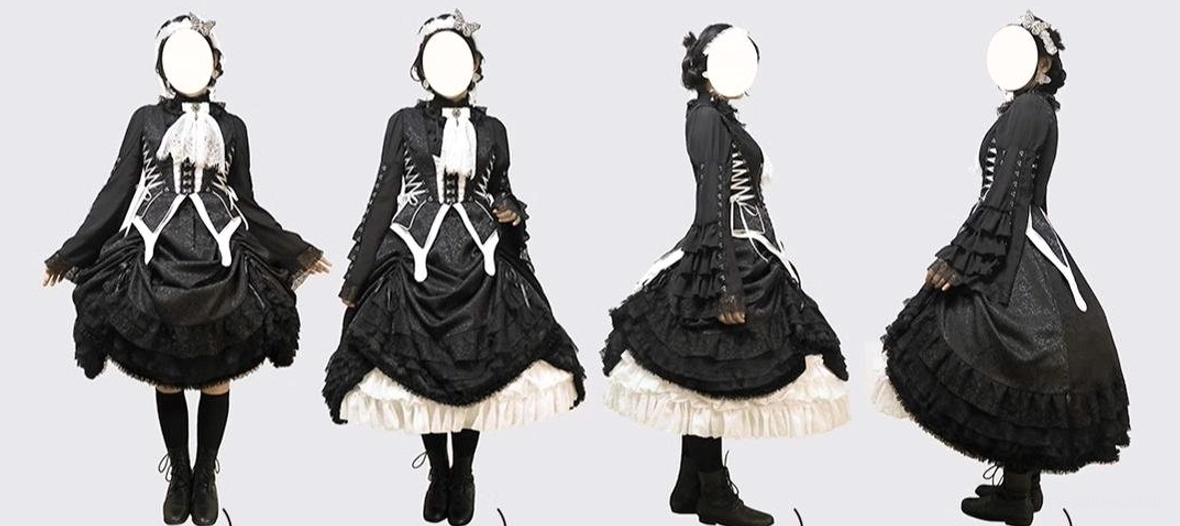 Gothic lolita fabric composition detail showing tri-layered material: textured Jacquard foundation, delicate lace overlay, and flowing chiffon elements creating depth and movement