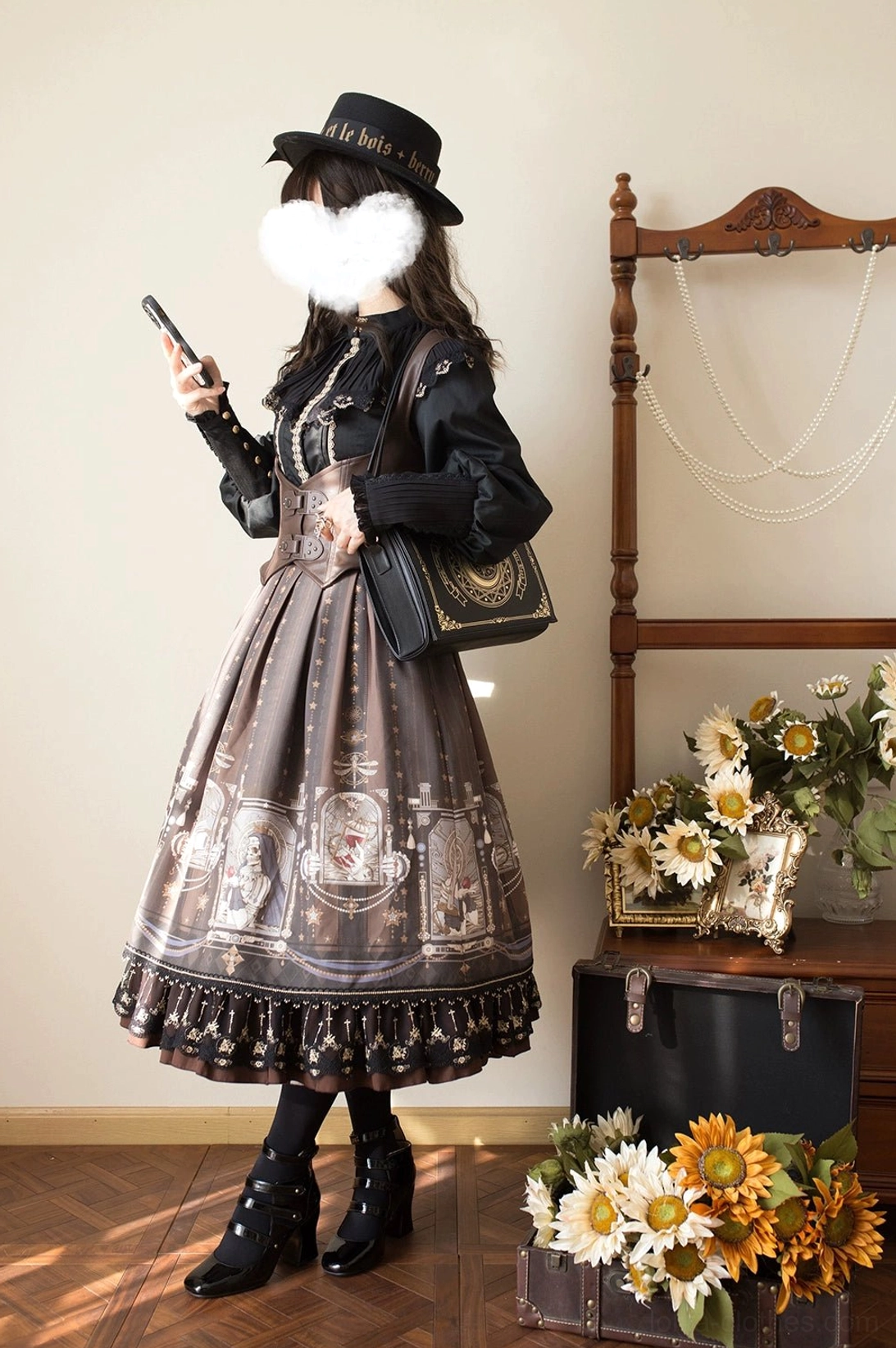 Gothic lolita fishbone skirt back view criss cross tie adjustment straps full length silhouette