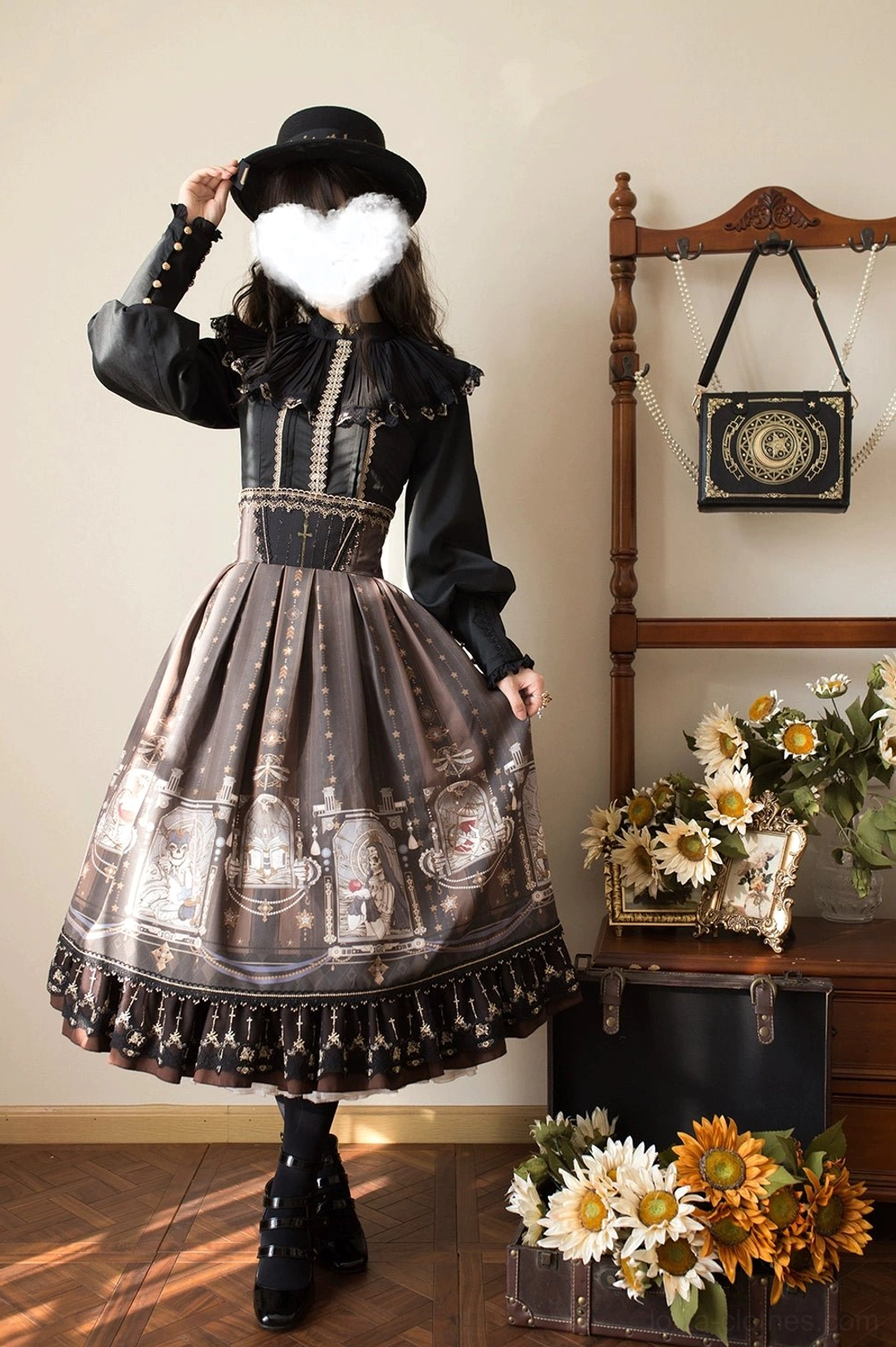 Gothic lolita fishbone skirt with black long sleeve top and gothic headdress complete outfit ensemble suggestion