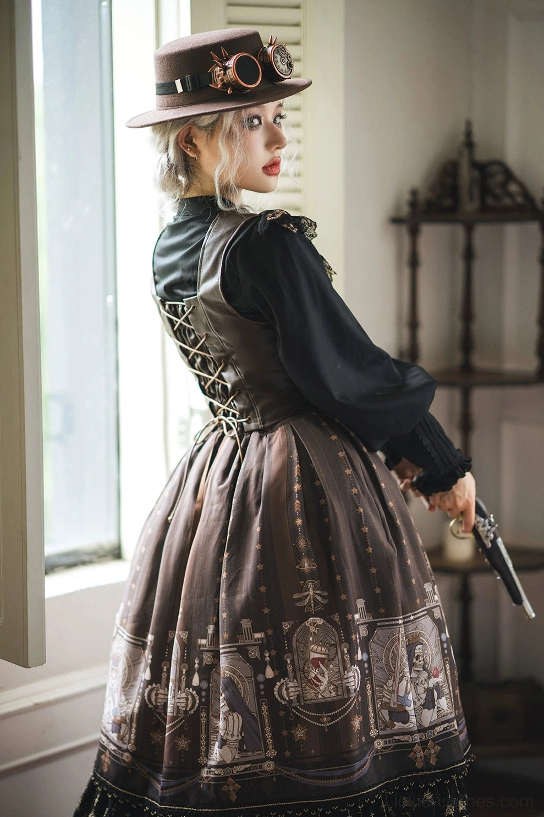 Gothic lolita fishbone skirt coffee brown color option skull and cross motifs positioning print detailed view