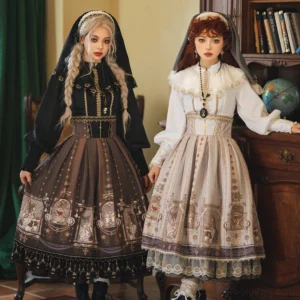 Two models wearing gothic lolita fishbone skirt sets with skull and cross motifs in retro nun styling vintage study room full body front view