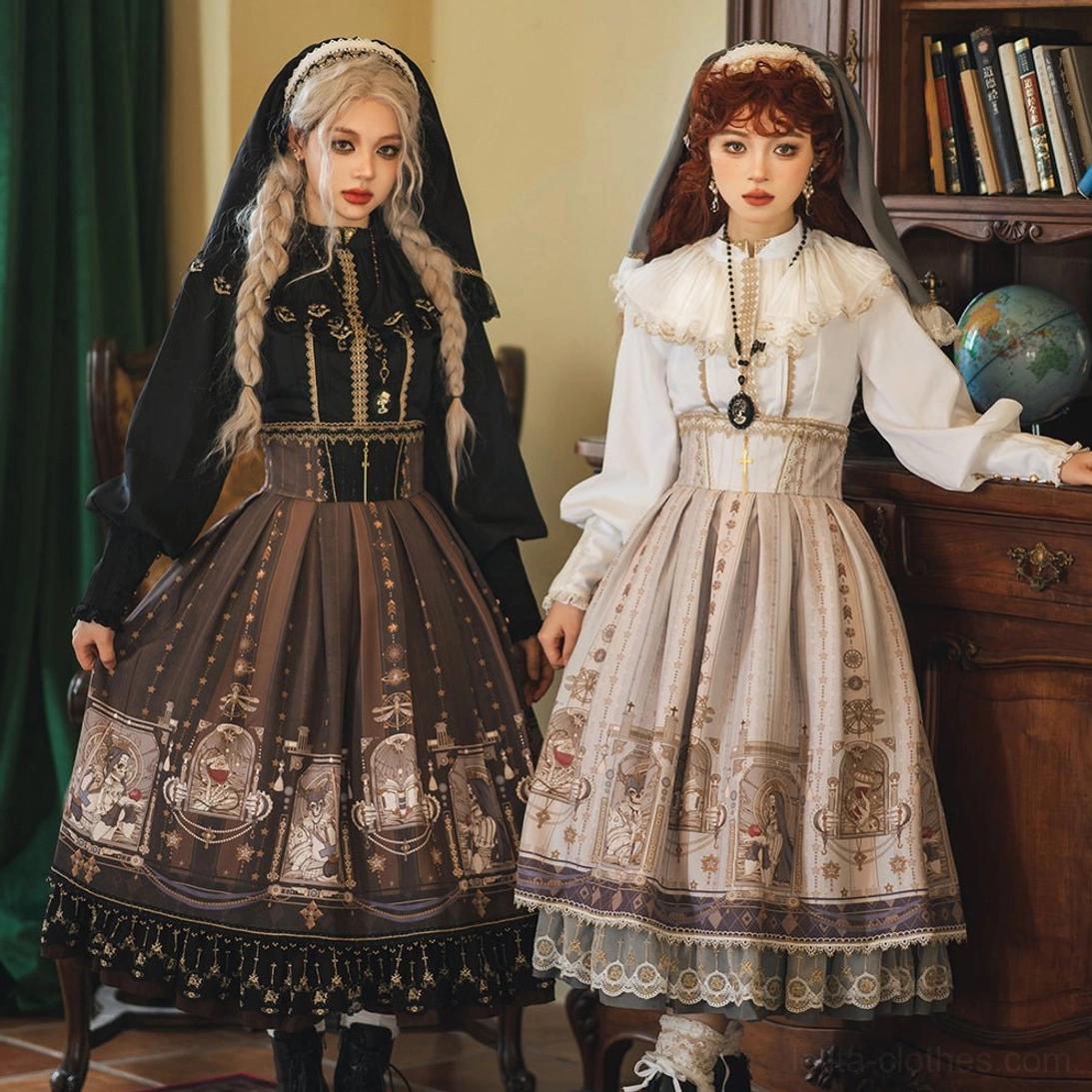 Two models wearing gothic lolita fishbone skirt sets with skull and cross motifs in retro nun styling vintage study room full body front view