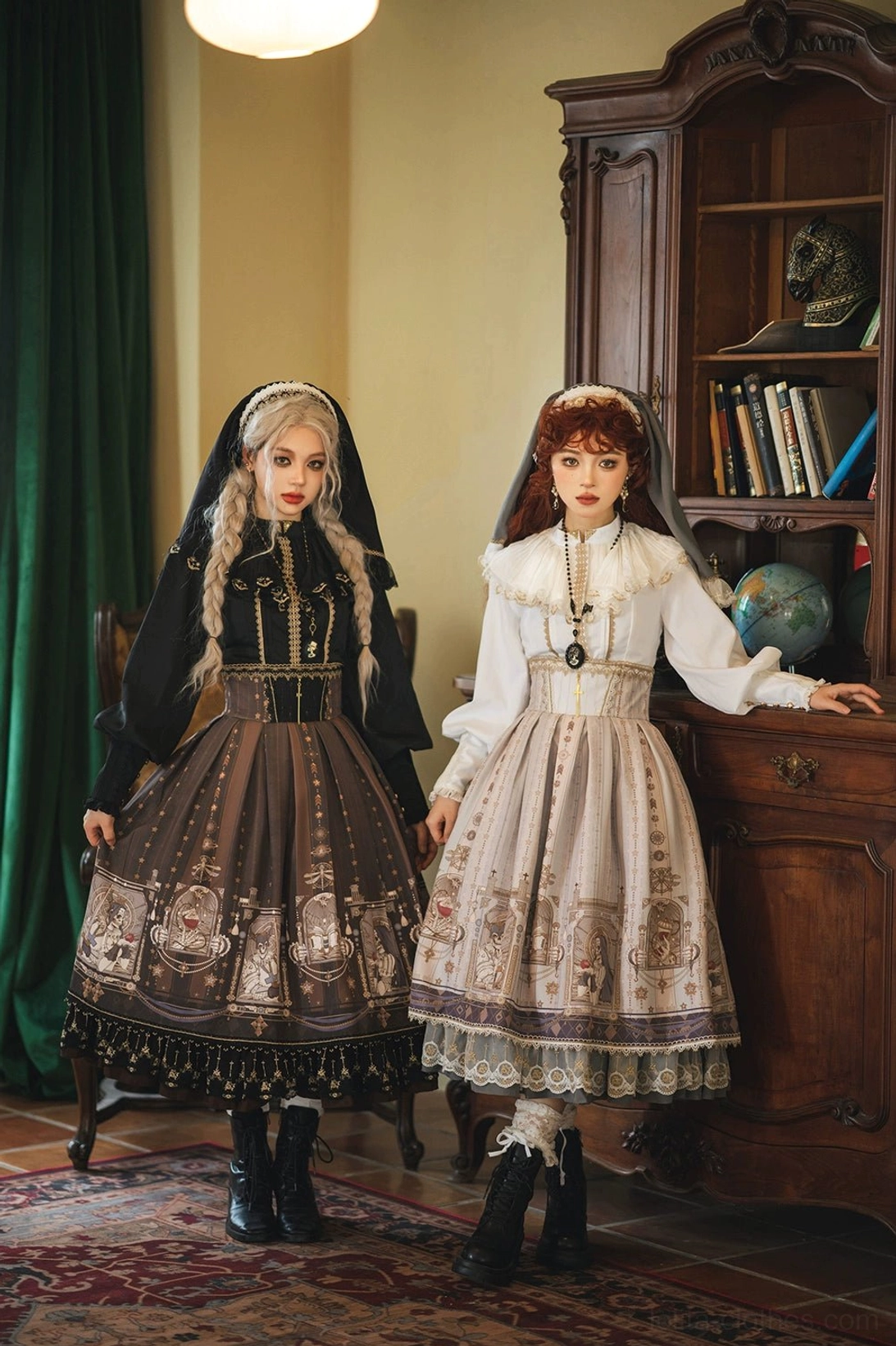 Gothic lolita fishbone skirt detail shot cross pendant waistband gold lace embroidered fabric positioning print design close up