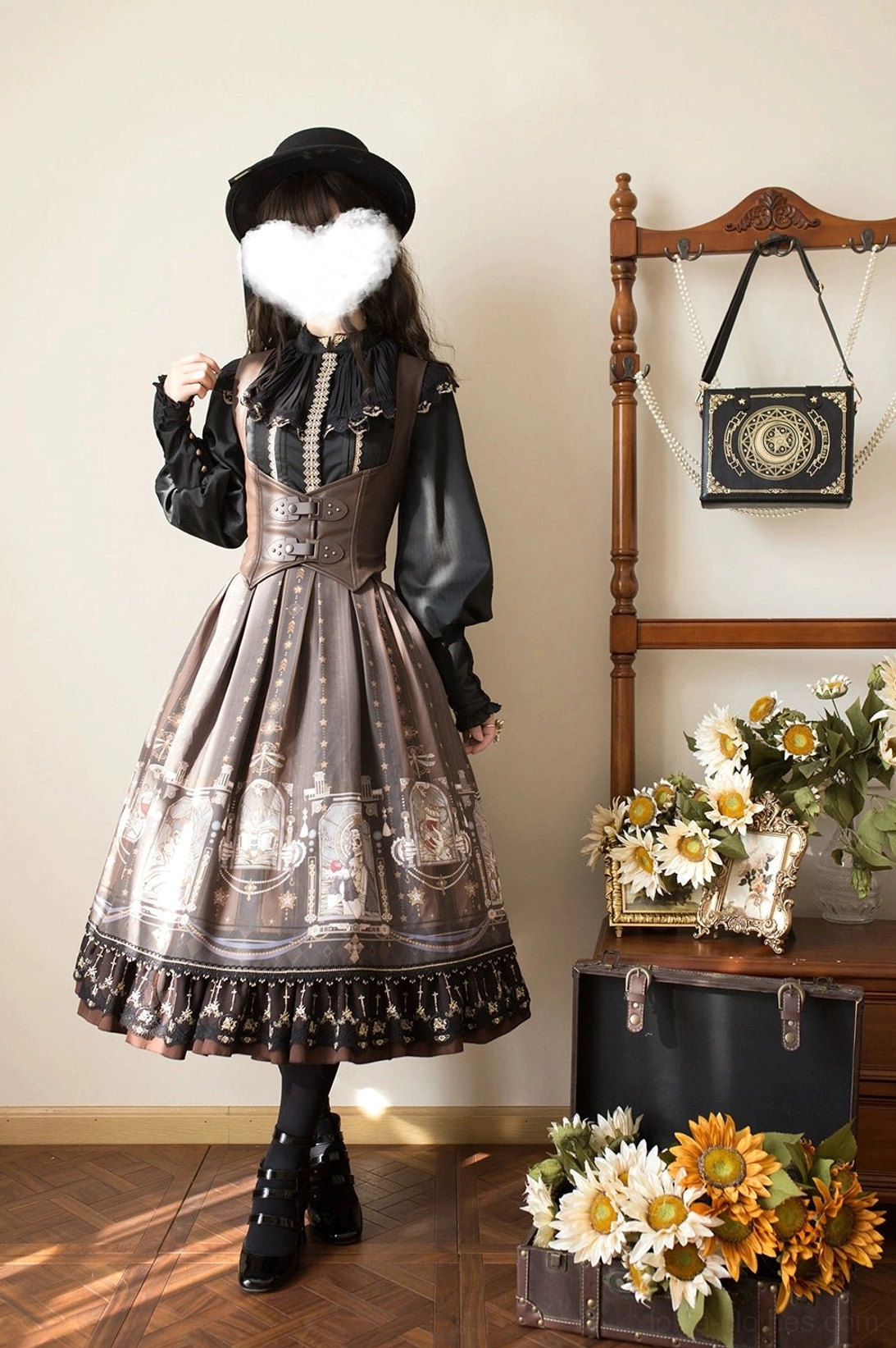 Gothic lolita fishbone skirt gray and coffee brown color comparison front view side by side