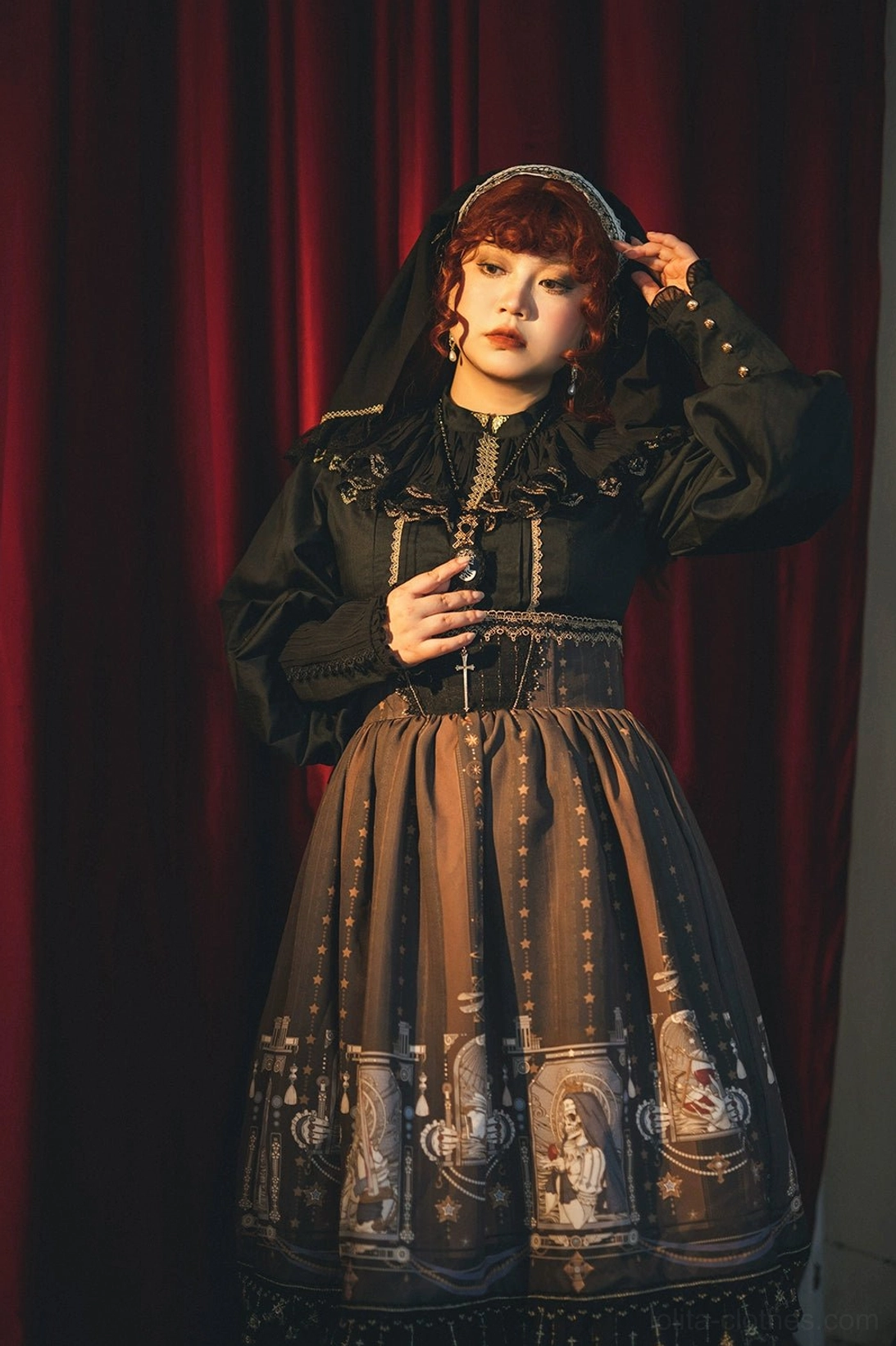 Gothic lolita fishbone skirt paired with lace headdress gothic bonnet Victorian fantasy aesthetic