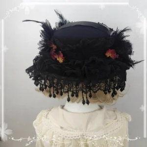 Gothic Lolita flat-top hat back view decorated red dried flowers black feathers lace ruffles bead tassels