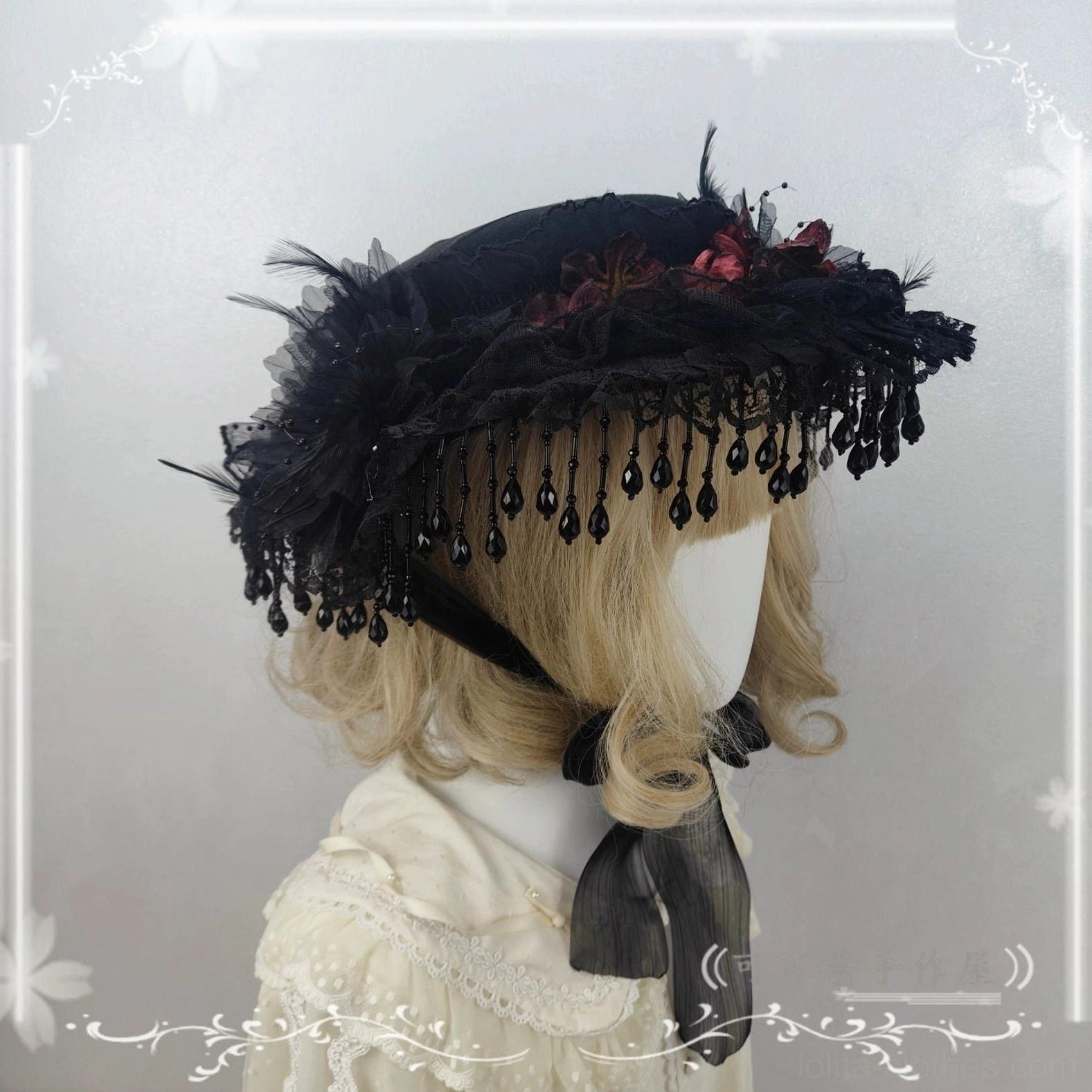 Gothic Lolita flat-top hat left side view black hat base lace ruffled brim bead tassels red flowers black ribbon