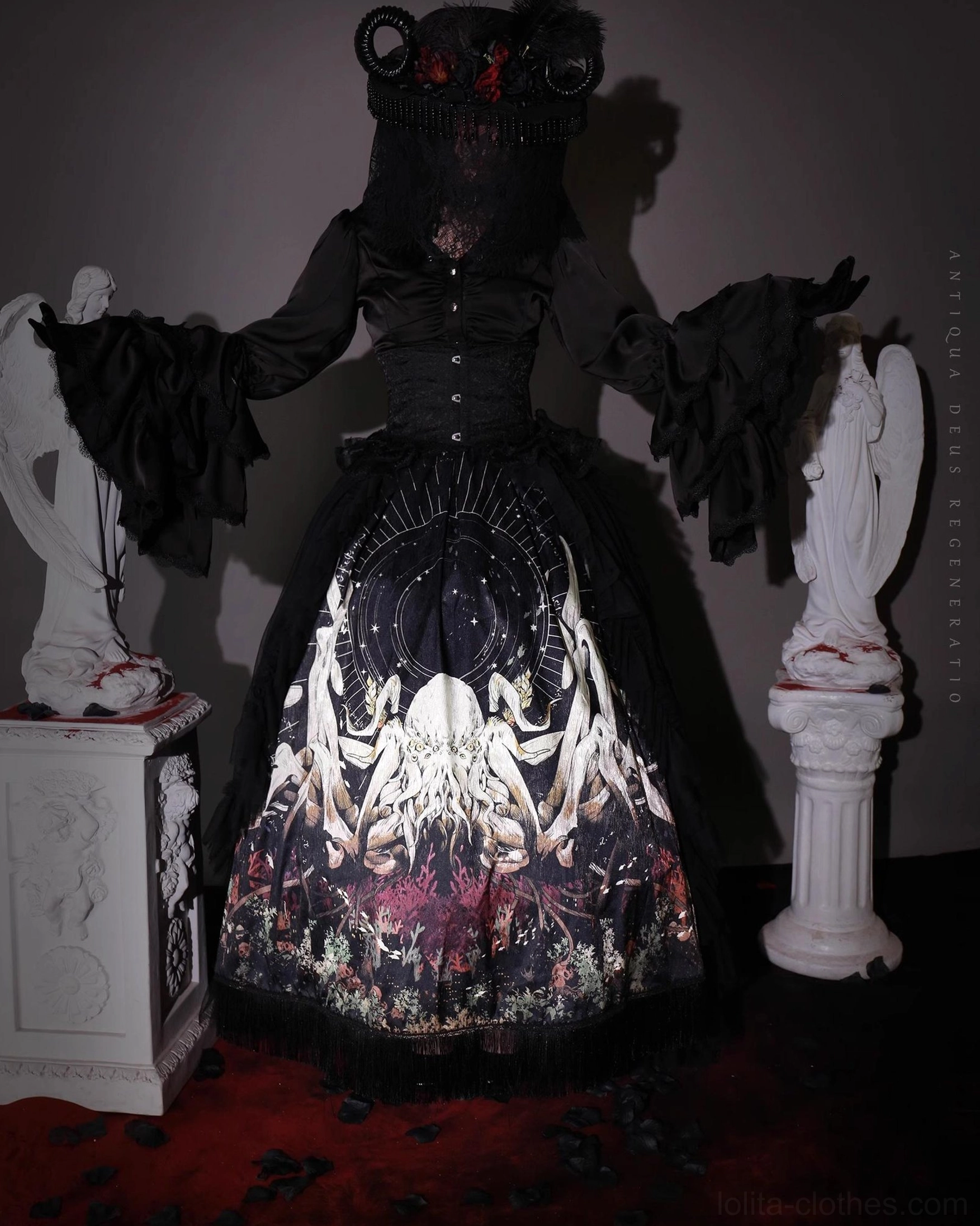 Styling coordinate featuring gothic Lolita formal dress set with fitted black corset top dramatic ruffled details and dark printed skirt