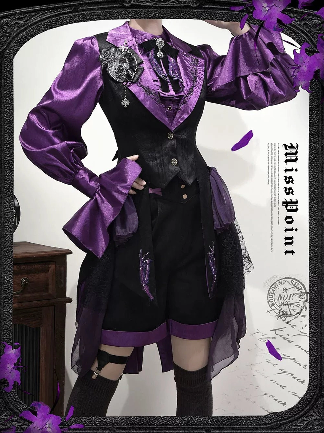 Full-body Gothic Lolita outfit featuring long vest with embroidered collar and formal coordination