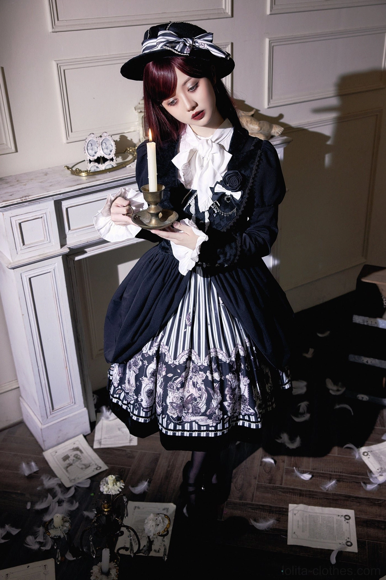 Gothic Lolita full outfit set coat JSK dress vintage candle holder bowler hat ruffled white neck scarf tailored black coat