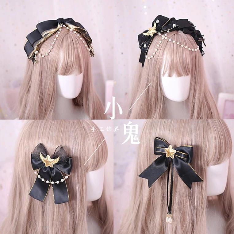gothic lolita hair accessories collage four product photos hairclip headband black pearl pendant hanging