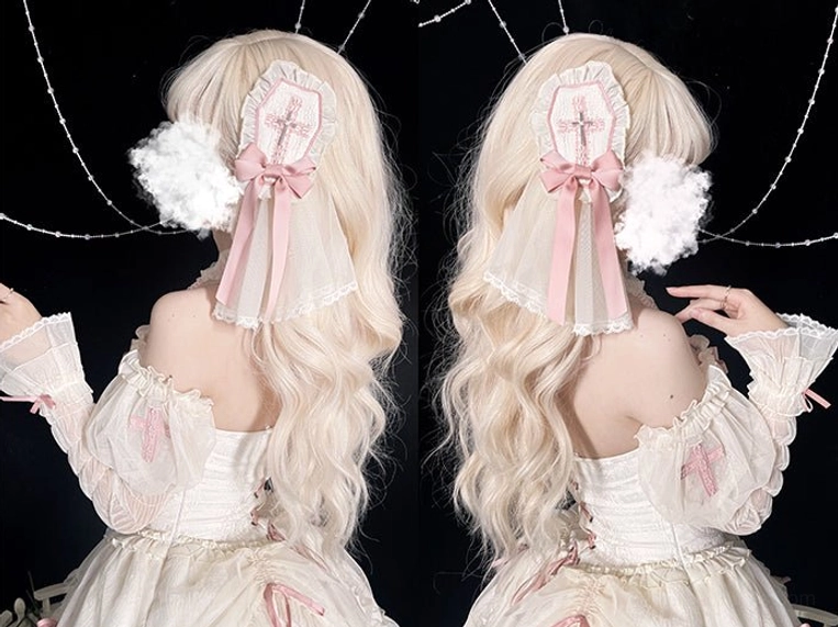 Gothic Lolita hair accessory headbow with embroidered cross gauze lace and polyester fiber composition