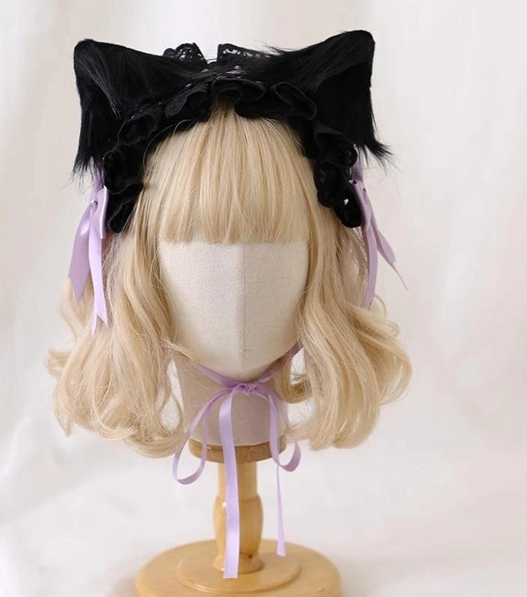 Japanese Gothic Lolita hair accessory with removable black cat ears, light purple satin bows, and decorative black lace ruffle trim