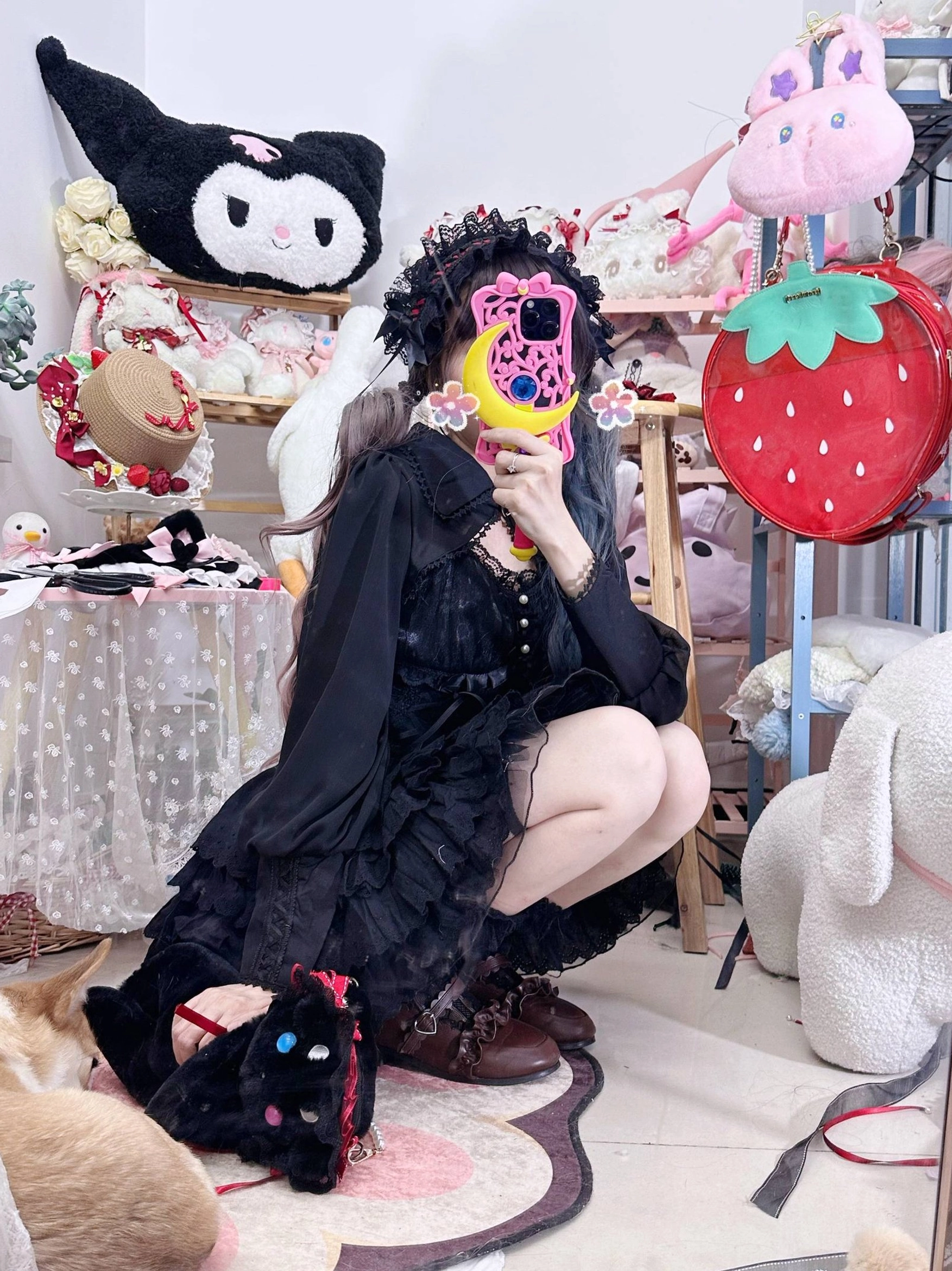 Gothic Lolita hair clip and choker necklace styling demonstration on mannequin with layered ribbon straps and decorative pendant accents