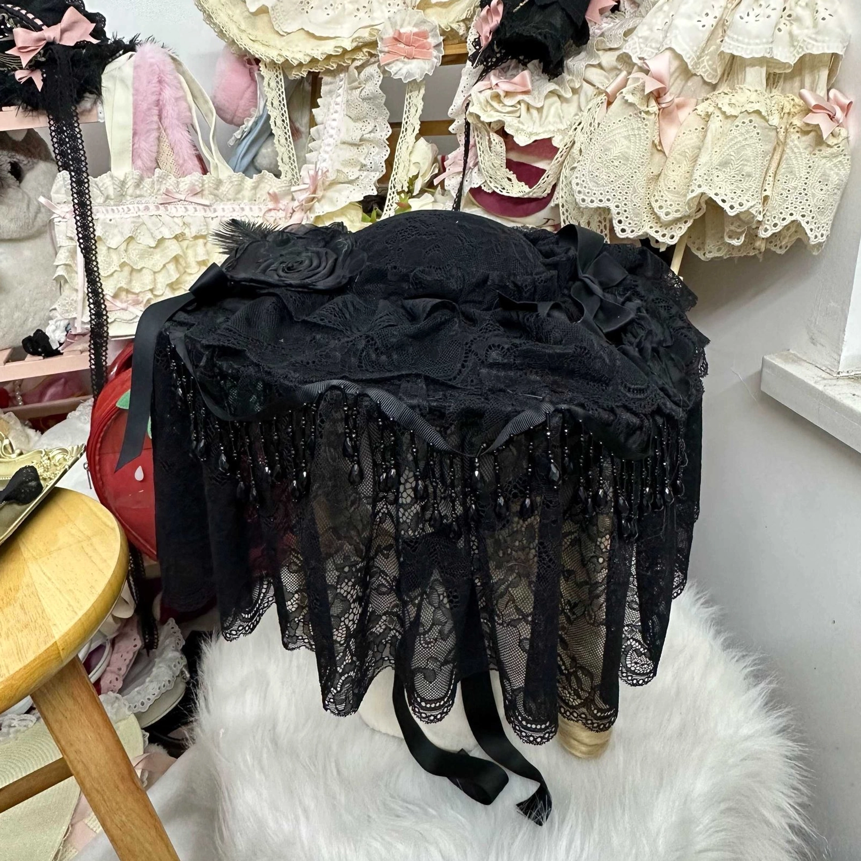 Gothic Lolita hair clip with head veil and flower decoration showing intricate craftsmanship details