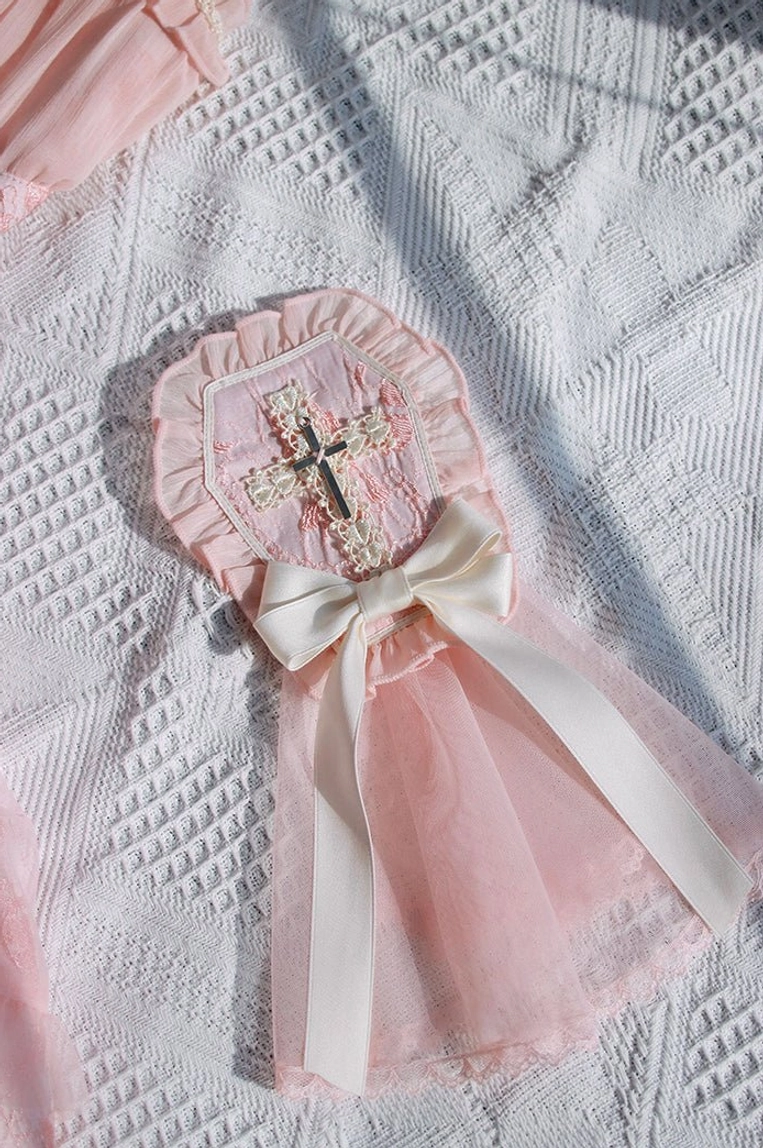 Gothic Lolita hair clip veil headbow frontal view showing cross design and frilly lace flounce