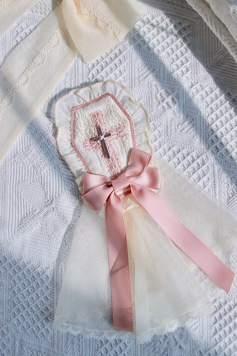 Gothic Lolita hair veil headbow with cross embroidery complete product shot showing full design structure