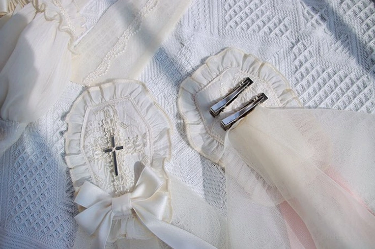 Gothic Lolita hair veil headbow with embroidered cross and metal embellishments styling detail