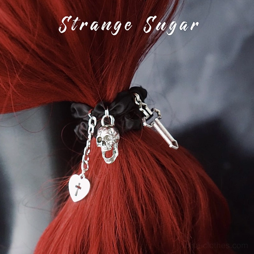 Alternative gothic lolita black hairband with skull cross heart and sword pendants