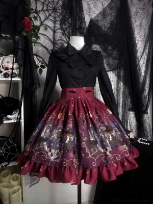 Gothic Lolita Halloween witch-themed chiffon skirt burgundy color full front view on dress form with ruffled hem and bat wing chain decorations vintage witch town print
