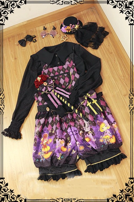 Purple gothic Halloween lolita shorts set flat lay featuring argyle-printed blouse, matching ruffled shorts, cross and floral front decor, coordinating hair accessories and brooches