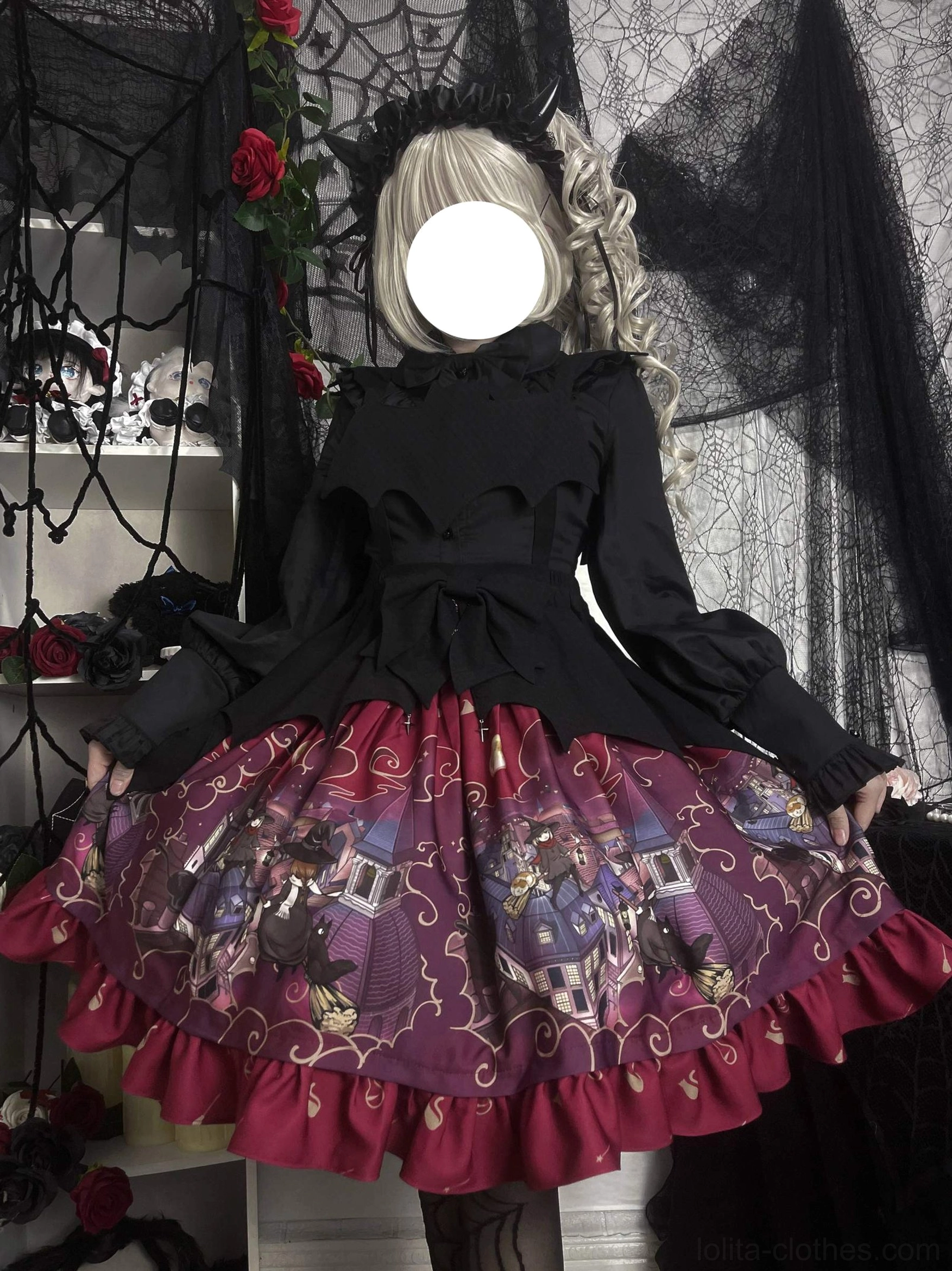 Back view of Gothic Lolita Halloween SK skirt burgundy wine red with ruffled hem and black long-sleeve blouse with bow decoration vampire aesthetic