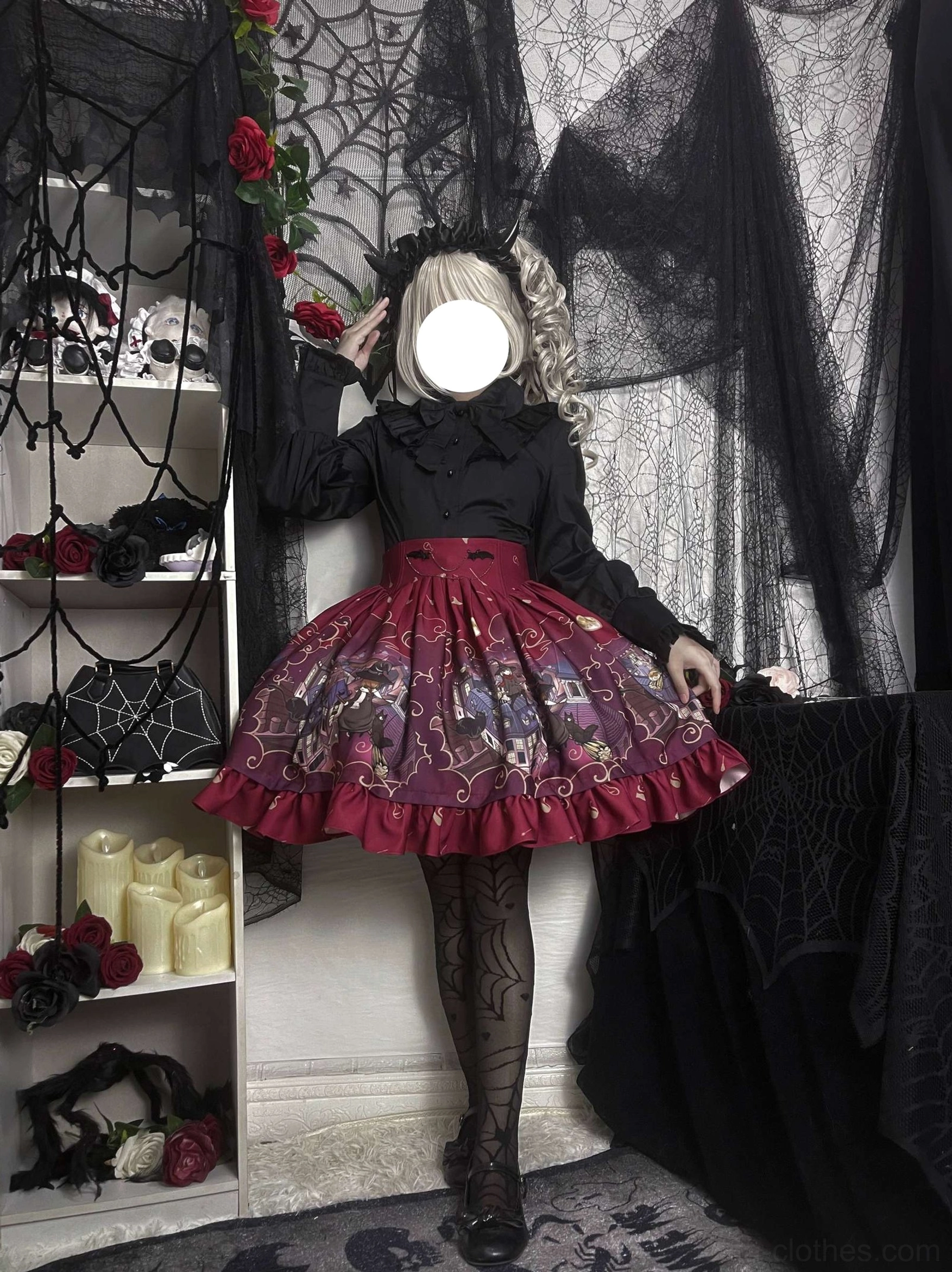 Front full-body view model wearing wine red Gothic Lolita Halloween chiffon SK skirt with witch print ruffles matched black blouse blonde curly hair fishnet