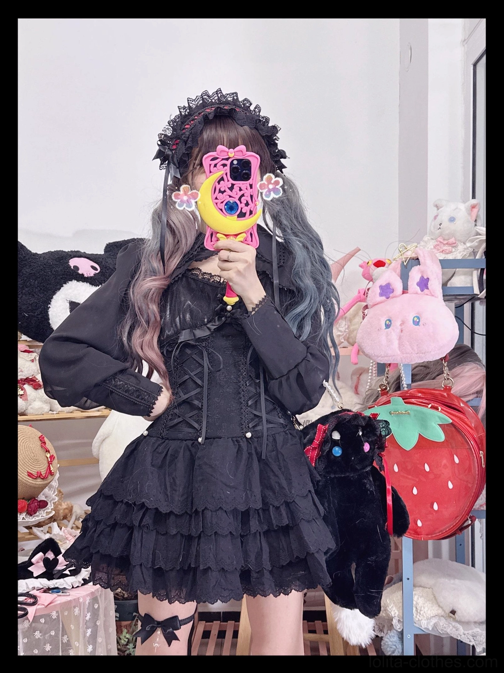 Handmade Gothic Lolita accessory collection detail shot showcasing lace textures, metal embellishments and color coordination of black mesh and red cotton pieces