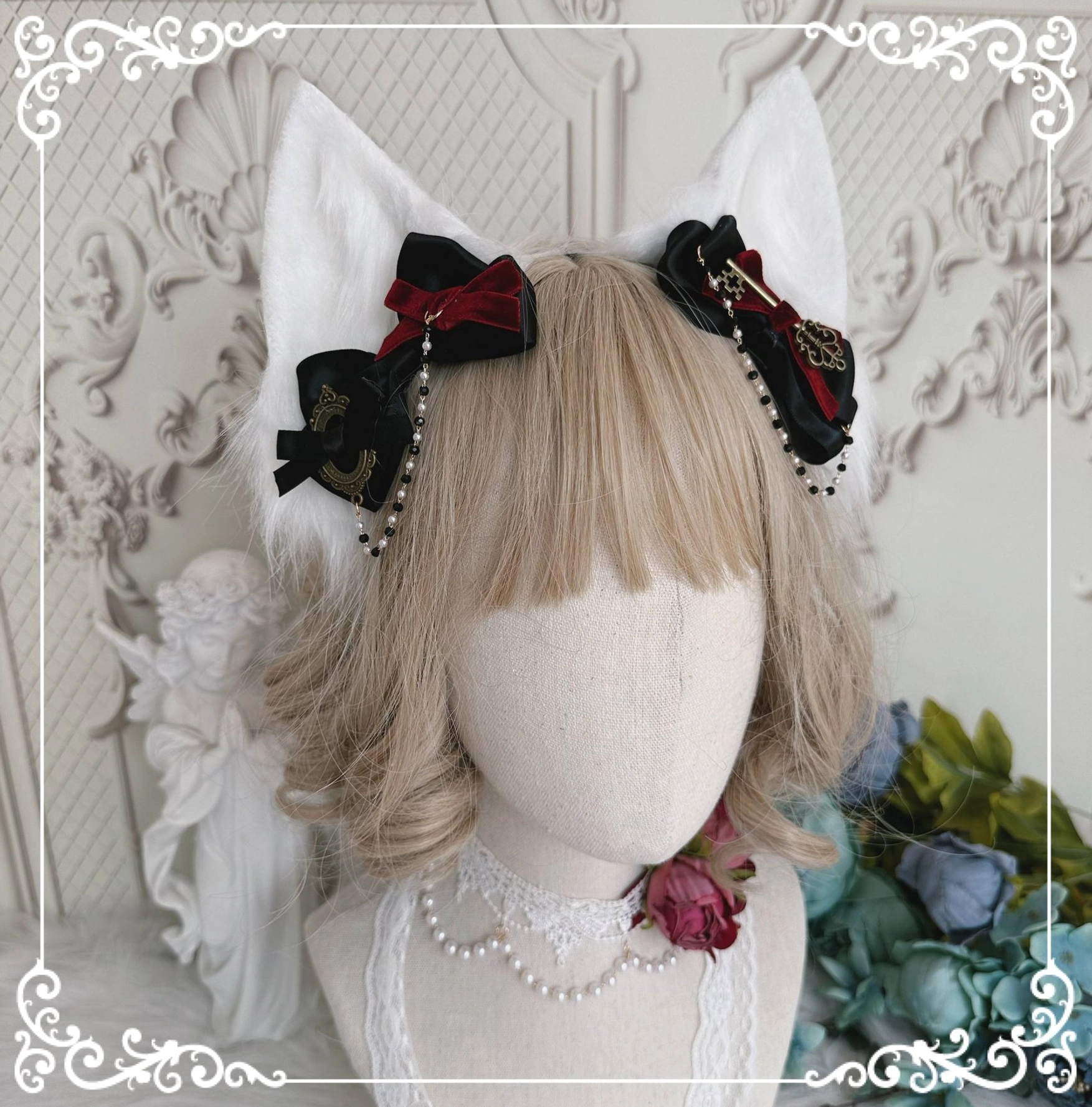Handmade Gothic Lolita headband and hair accessory styling guide with multiple pieces arranged on textured backdrop for coordination inspiration