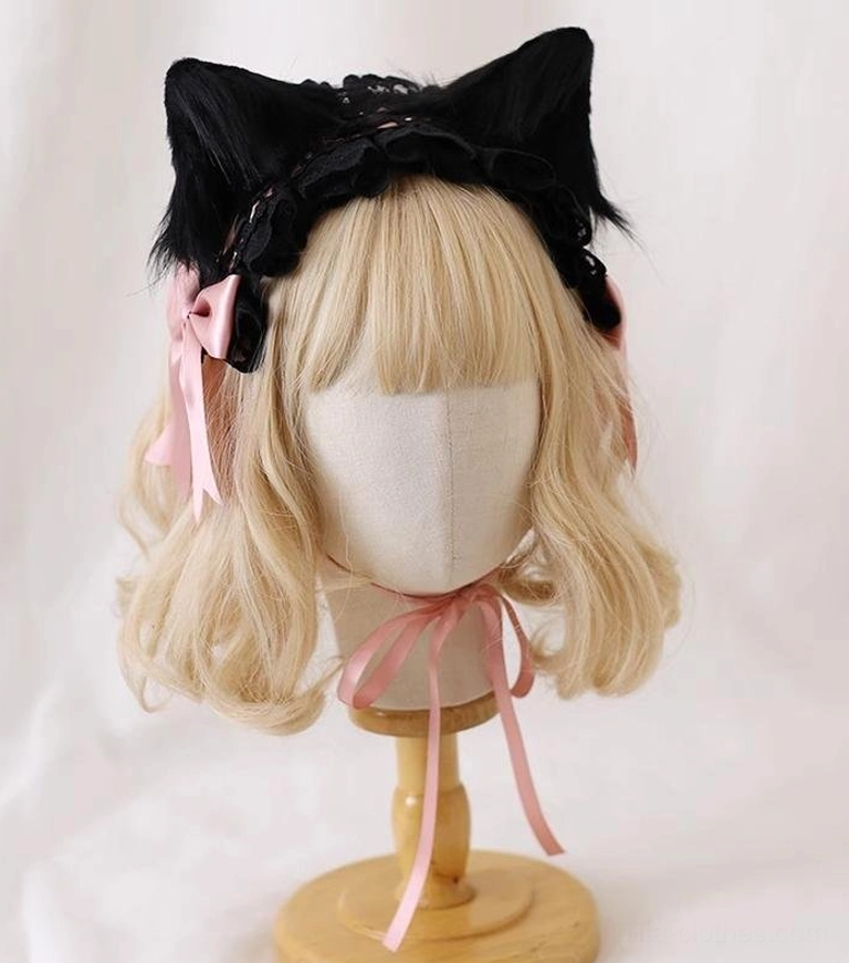 Gothic alternative fashion Lolita headband featuring Korean pink coordinating bows, removable black cat ears, and ornate black lace trim