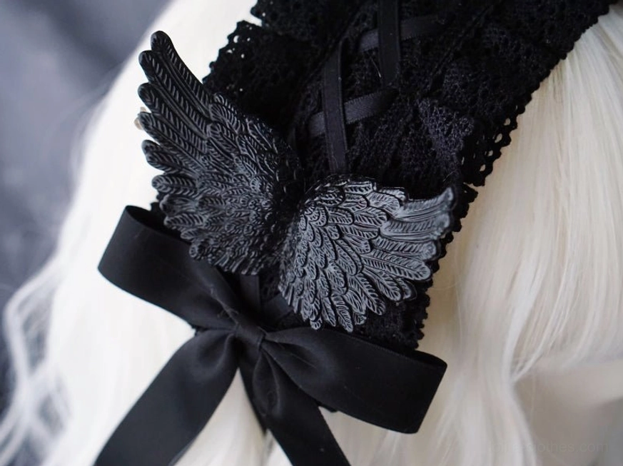 Multi-angle product showcase gothic lolita headdress displaying crossover strap design wing ornaments and bow embellishments from different perspectives