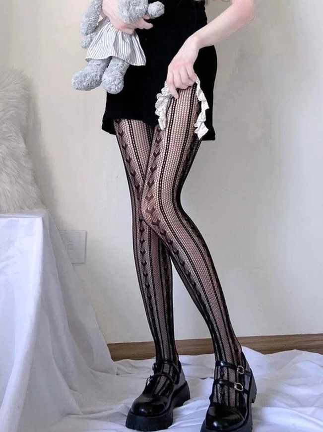 gothic lolita black heart mesh fishnet tights with platform buckle leather shoes front view
