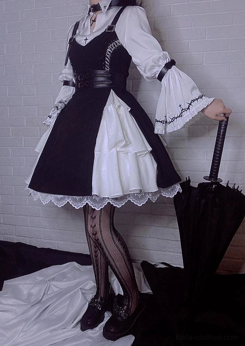 gothic lolita maid-style black and white dress with heart mesh fishnet tights complete outfit coordination