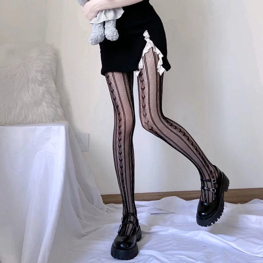 side view gothic lolita black vertical heart mesh fishnet tights with platform buckle leather shoes