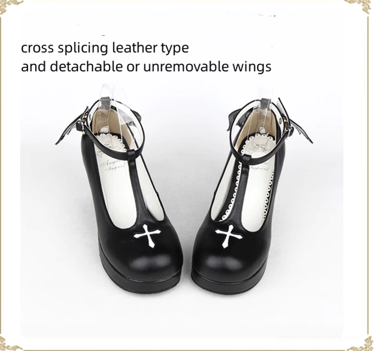 Gothic Lolita high heel shoes ankle buckle strap closure system, T-strap fastening detail with lace integration, secure fit mechanism close-up