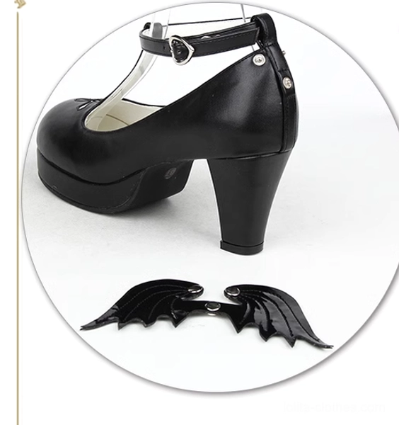 Gothic Lolita T-strap high heel shoes with detachable wing accessories included, complete set display with separate wing charms, customization option showcase