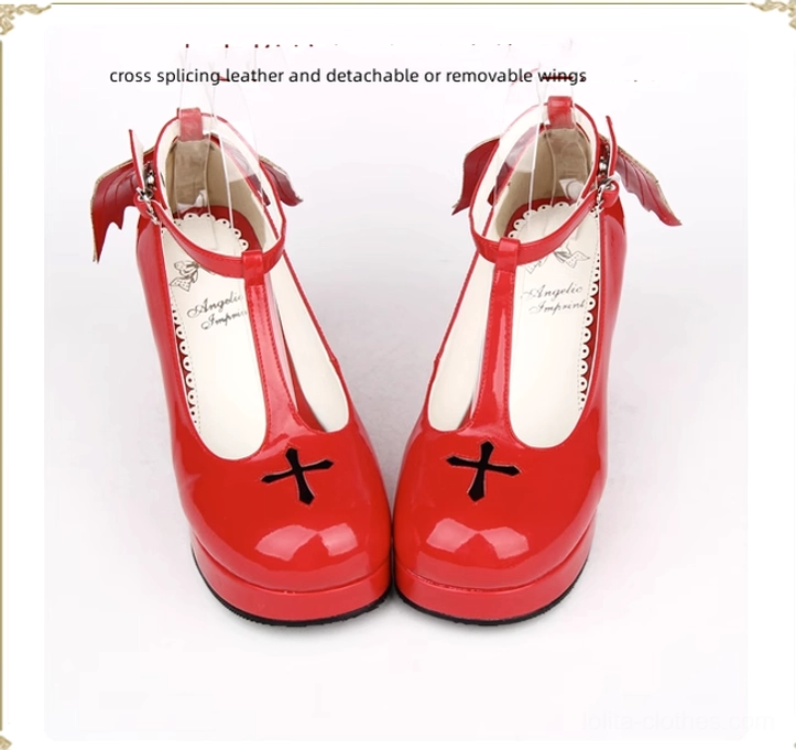 Gothic Lolita high heel shoes red patent leather variant, glossy finish surface, burgundy crimson color option for statement coordinates, detailed product showcase