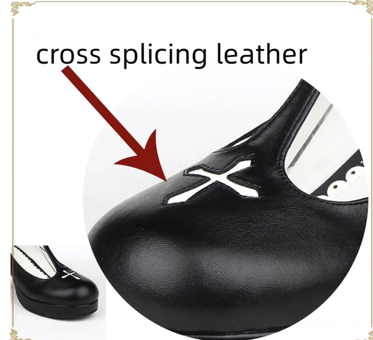 Gothic Lolita high heel shoes size range and fit guide visual, foot measurement reference, international sizing options chart demonstration
