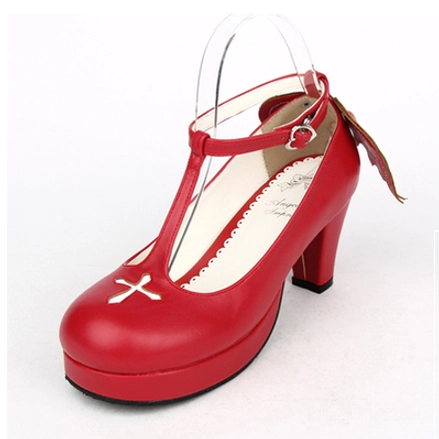 Gothic Lolita high heel shoes with white cross embroidery detail focus, embroidered toe decoration technique, hand-stitched artisanal quality showcase