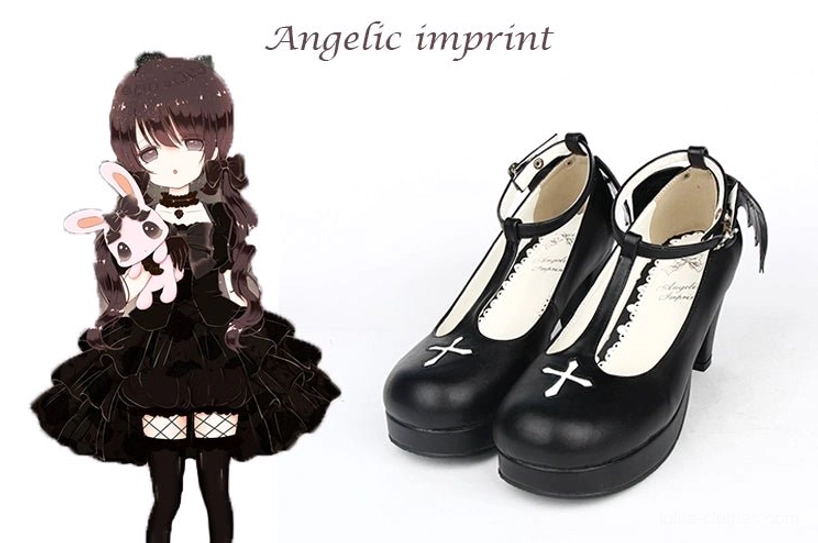 Gothic Lolita winged cross high heel shoes close-up detailing embroidery stitching, white cross embroidery technique on black PU leather, craftsmanship focus