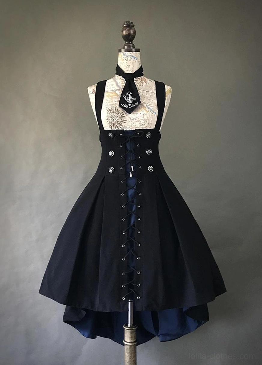 Gothic Lolita high-low JSK jumper skirt with dark blue underlayer front lace-up corset solid black outer fabric patterned necktie
