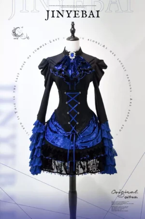 Gothic lolita hime-sleeve blouse and velvet corset skirt set front view dress form black royal blue