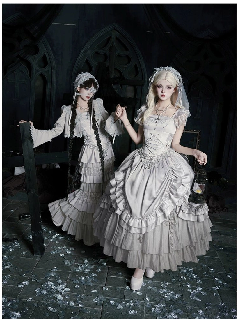 Gothic lolita hime-sleeve top detail showing princess-cut bell sleeves adjustable length layering versatility